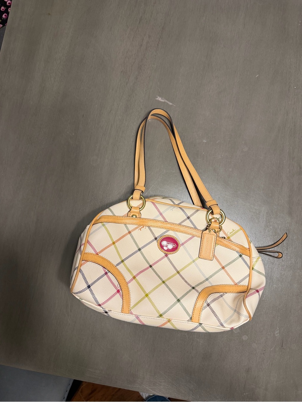 Coach Women’s Cream Multicolor Plaid Shoulder Bag with Tan Trim